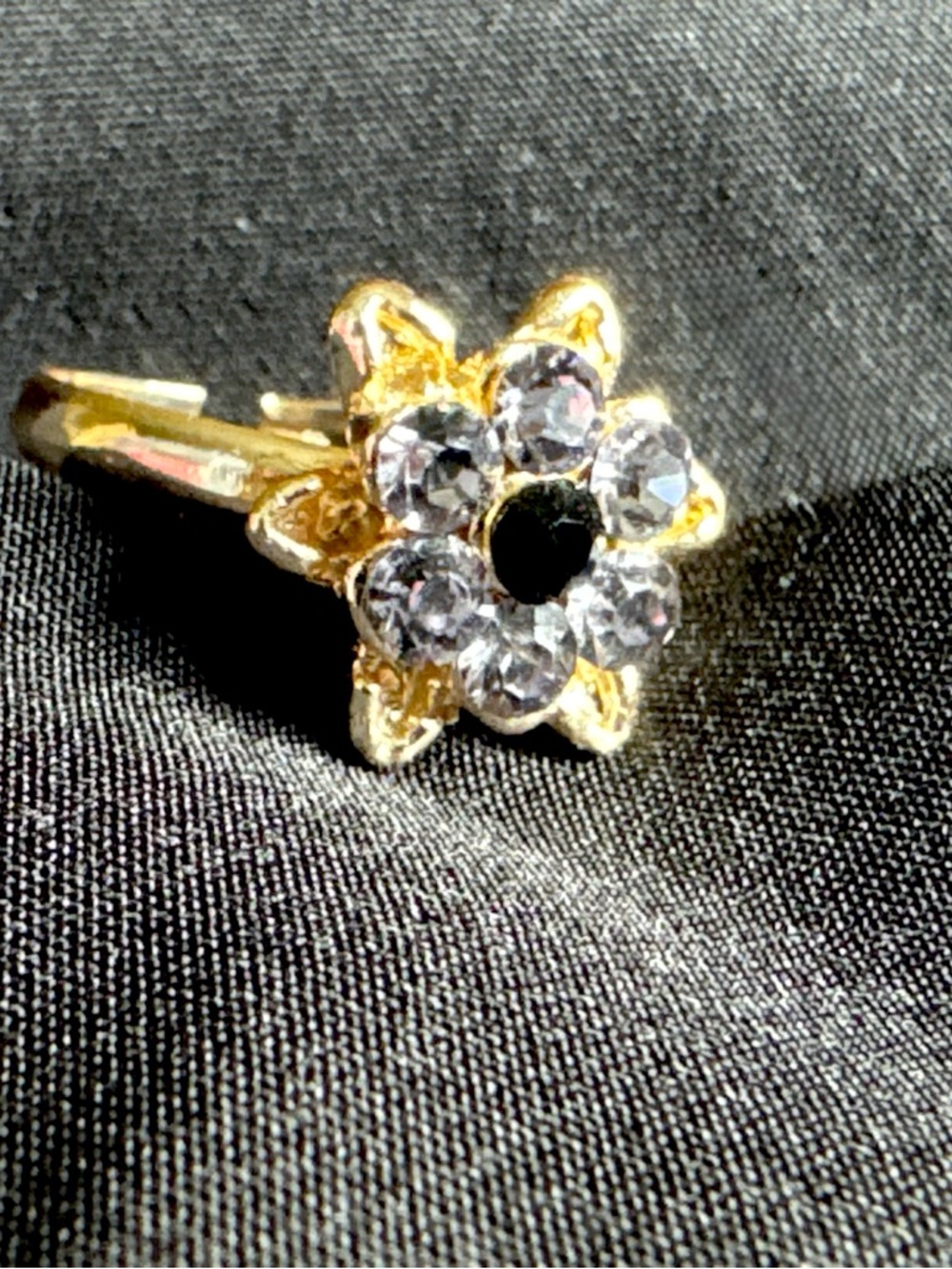 Gold Tone Flower Ring with Clear and Black Crystals - Women Jewelry Adjustable - Picture 2 of 2